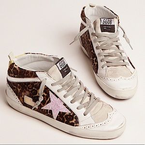 Golden Goose Mid Star Sneakers LTD in Leopard Print Pony Skin Pink Glitter Star